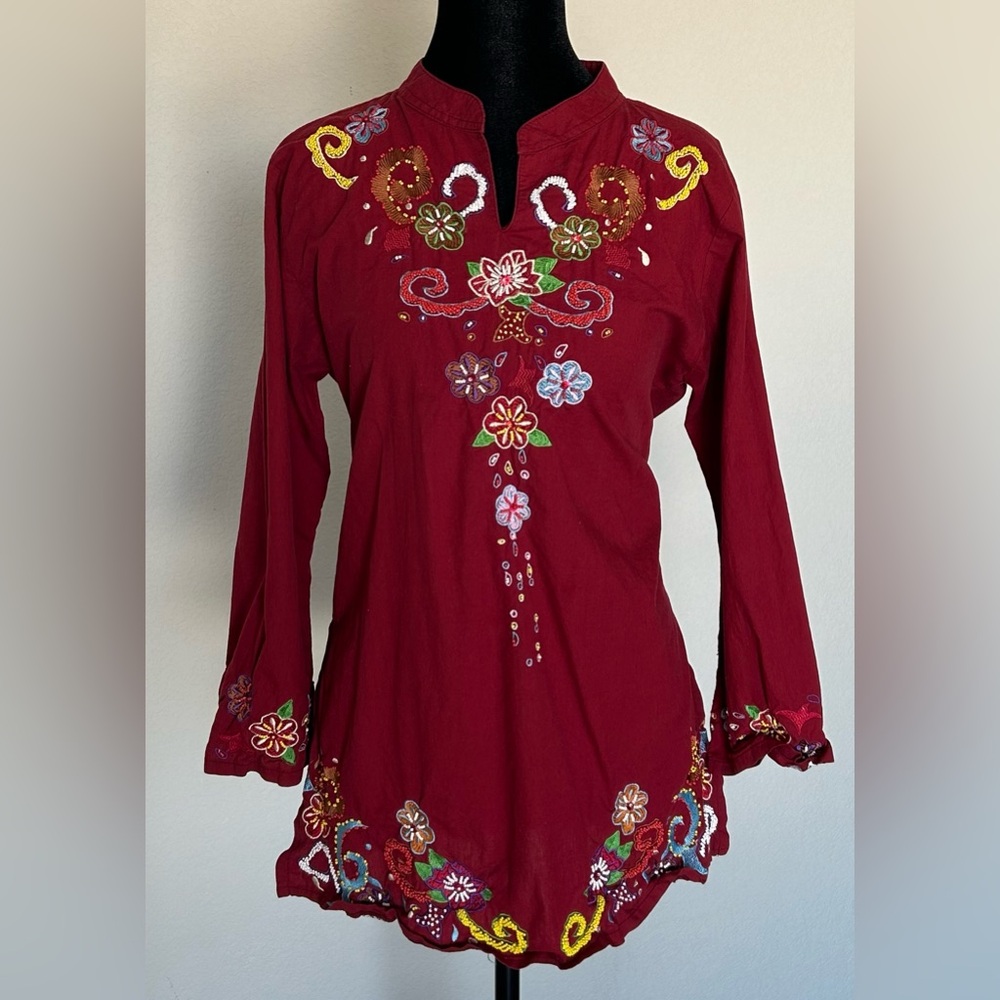 Vintage Y2K Japanese Salad Beaded Tunic Afro Boho Embroidered Top M Burgundy